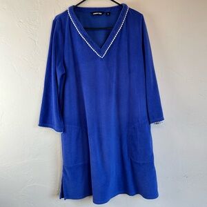 Lands’ End blue terry cloth V-neck cover up dress with white trim and pockets M